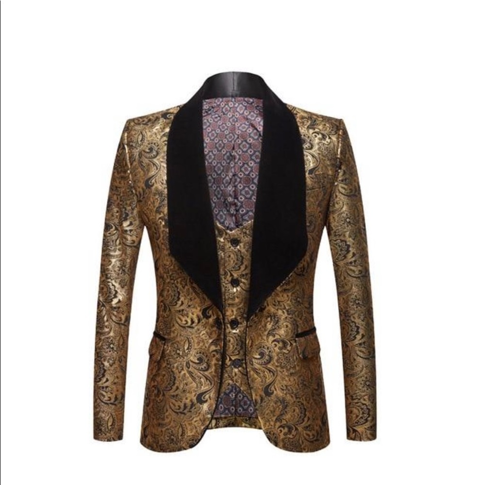 Brand new gold blazer with vest. Never worn. Very nice